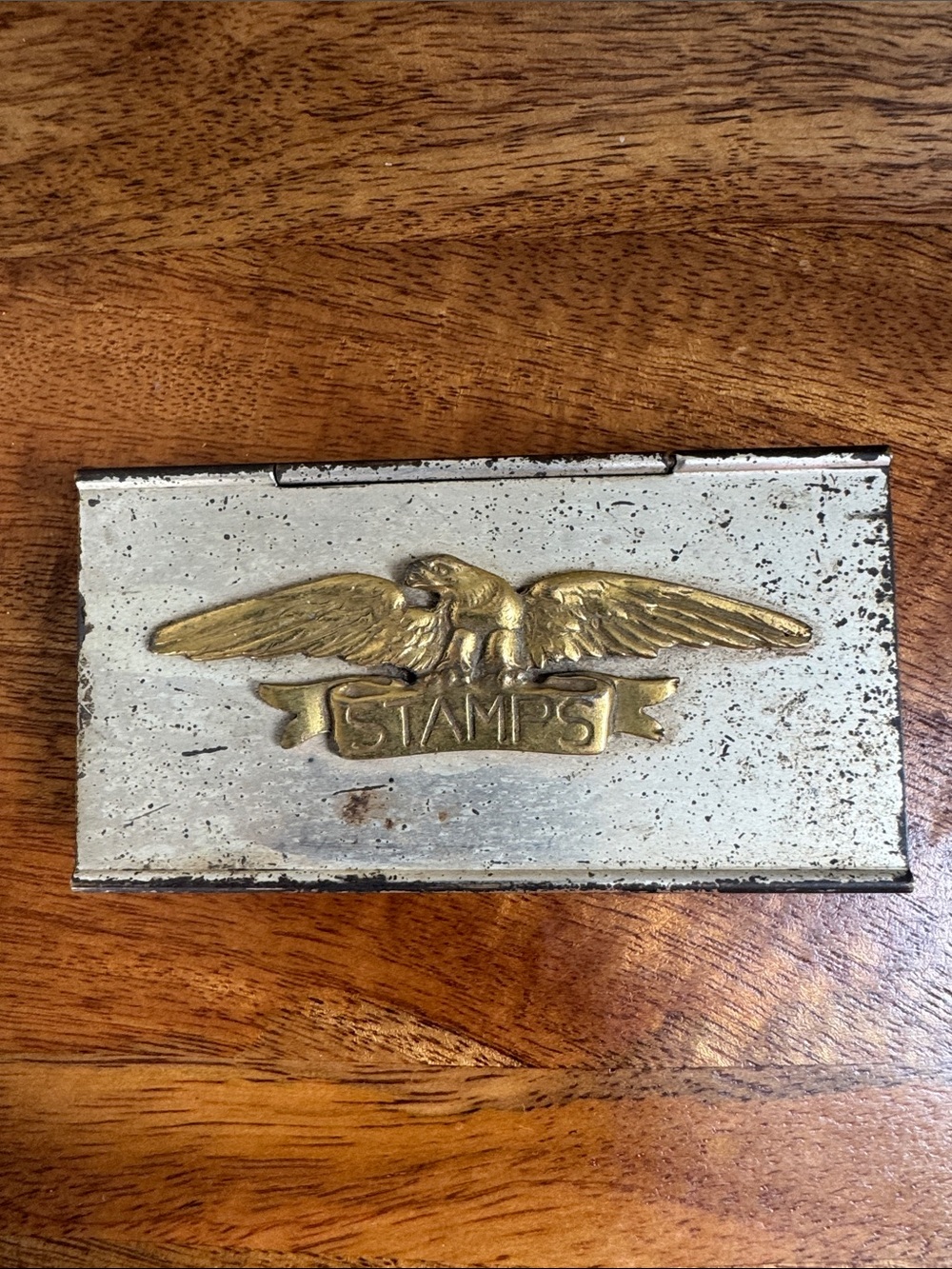 Vintage Metal Stamp Box with Gold Eagle Accent
